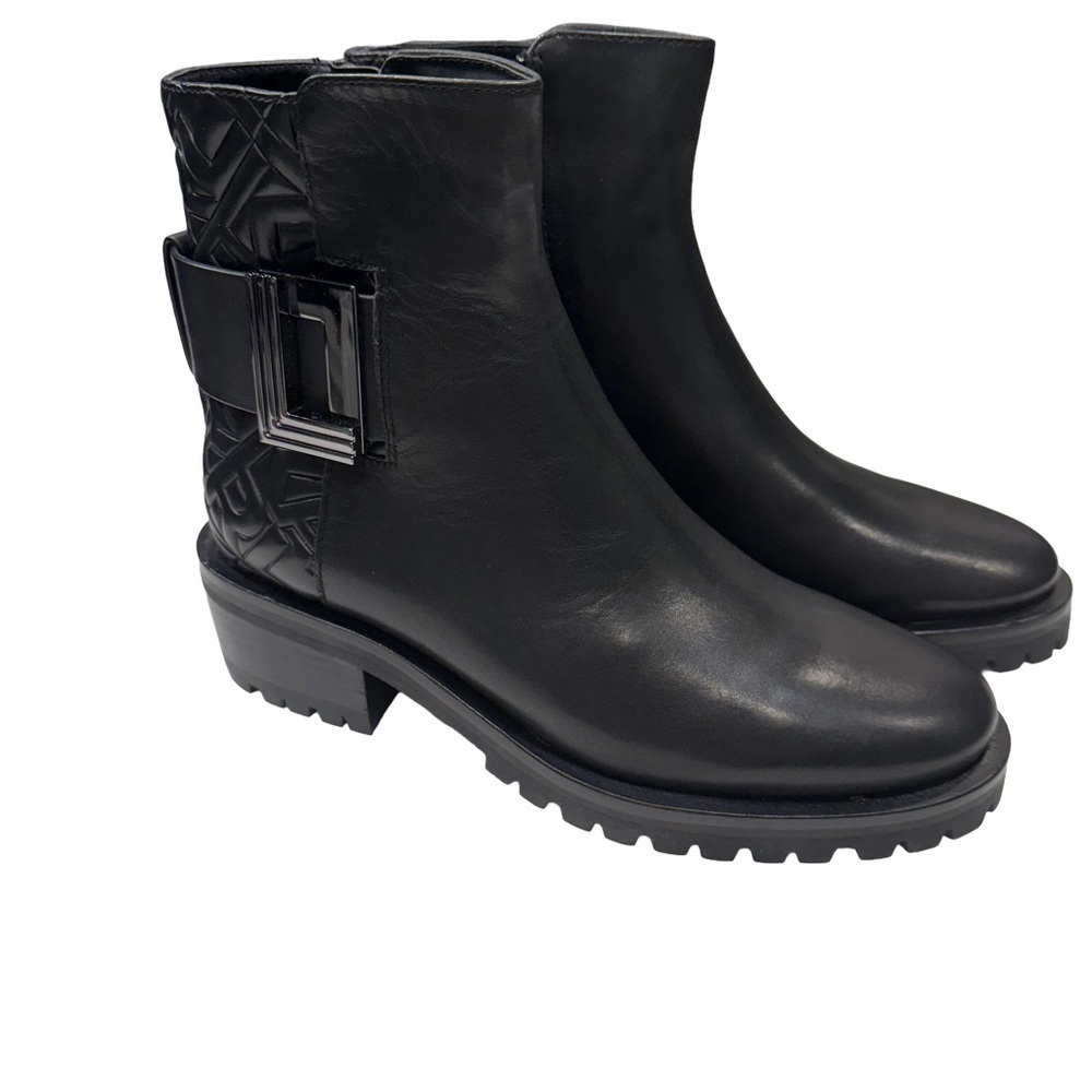 Karl Lagerfeld Women’s Boots “VARA” Sz 6 Black Leather Lug Sole Zip Close NIB